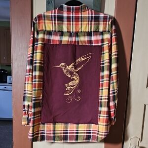 Flannel Shirt Red, Orange, Yellow Plaid Shirt With Hummingbird Design On Back